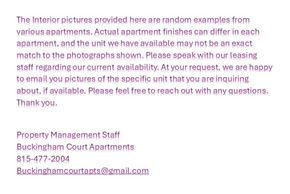 Crystal Lake apartment for rent - A letter from Buckingham Court Apartments Property Management Staff with contact information.