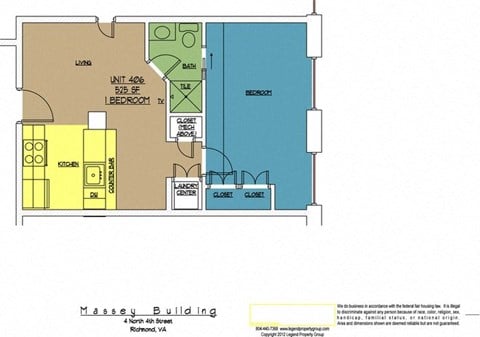 Floor plan for 1 bed, 1 bath, 525 sqft