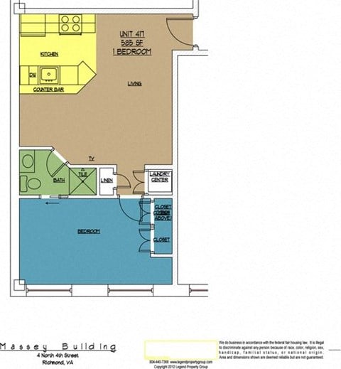 Floor plan for 1 bed, 1 bath, 585 sqft