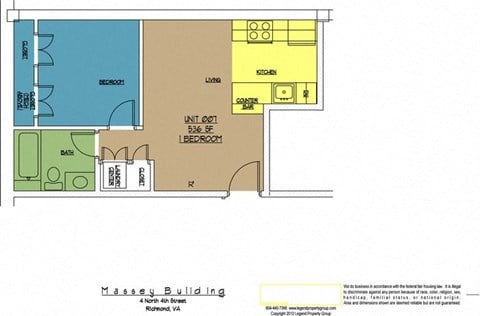 Floor plan for 1 bed, 1 bath, 536 sqft