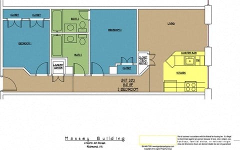 Floor plan for 2 beds, 2 baths, 841 sqft