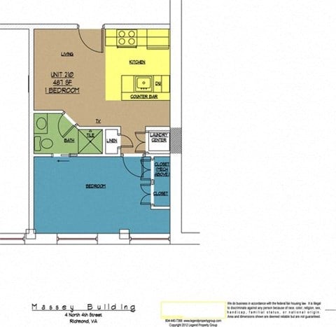 Floor plan for 1 bed, 1 bath, 487 sqft