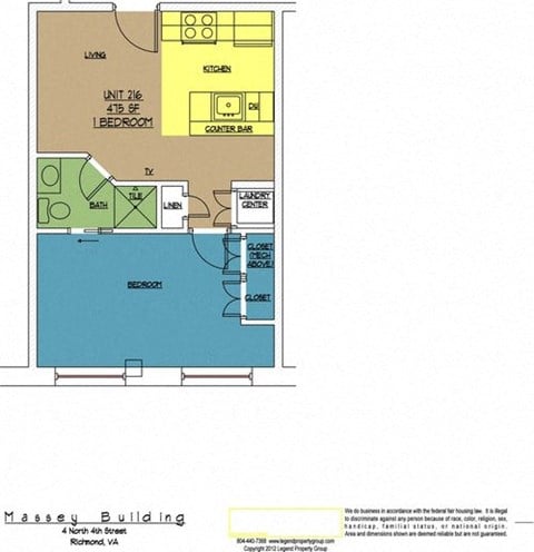 Floor plan for 1 bed, 1 bath, 475 sqft
