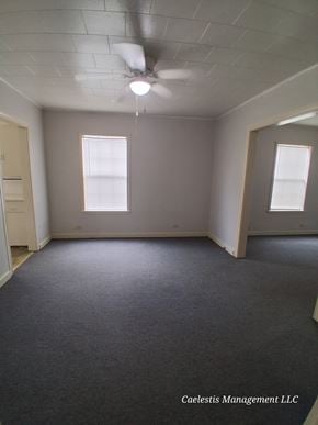 Bay City house for rent - A room with a carpeted floor and a ceiling fan.