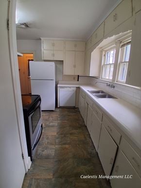 Bay City house for rent - A kitchen with a white fridge and a black oven.