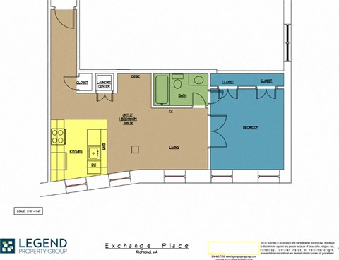 Floor plan for 1 bed, 1 bath, 708 sqft