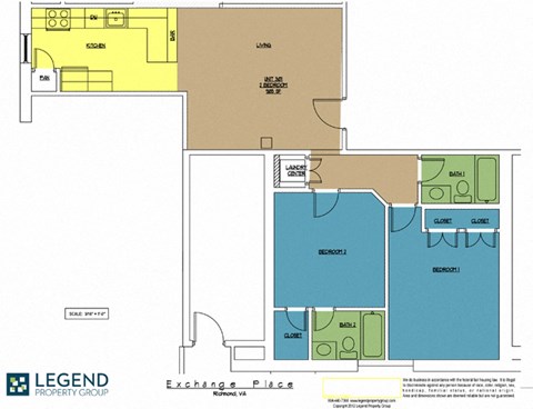 Floor plan for 2 beds, 2 baths, 985 sqft