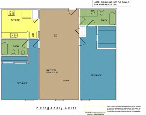 Floor plan for 2 beds, 2 baths, 1109 sqft