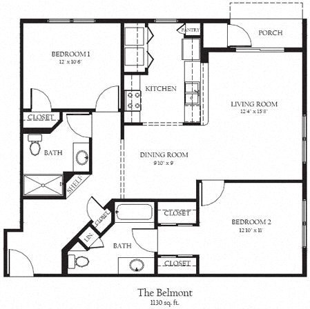 Floor plan for 2 beds, 2 baths, 1130 sqft