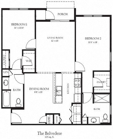 Floor plan for 2 beds, 2 baths, 1171 sqft