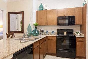 Fully-equipped chef’s kitchens include built-in microwave, black appliances and granite countertops