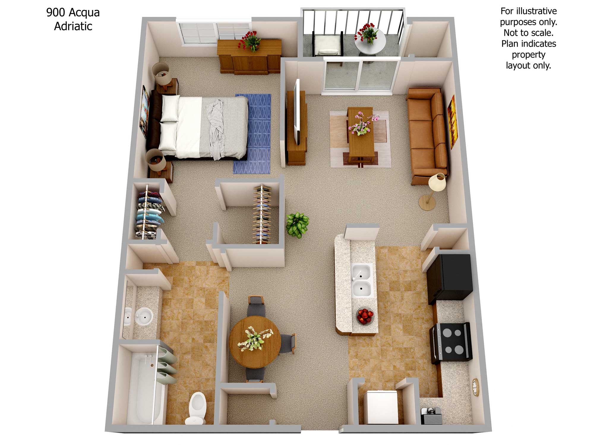 Floor plan for 1 bed, 1 bath, 764 sqft