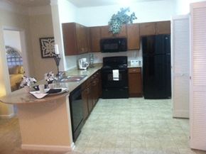 Newport News condo for rent - a kitchen with a black refrigerator and a sink