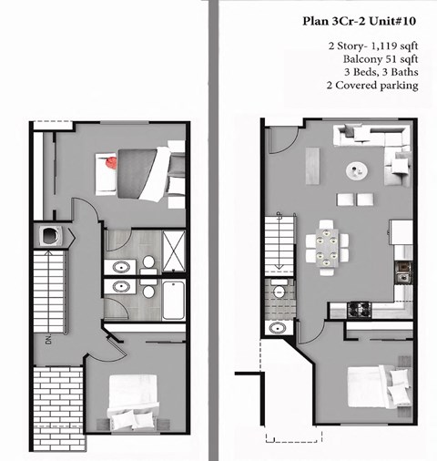 Floor plan for 3 beds, 2.5 baths, 1119 sqft
