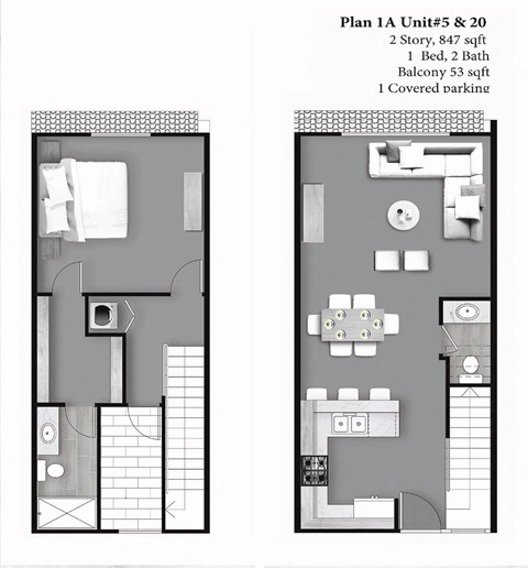 Floor plan for 1 bed, 1.5 baths, 847 sqft
