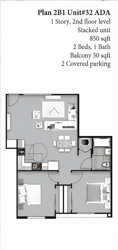 Floor plan for 2 beds, 1 bath, 850 sqft
