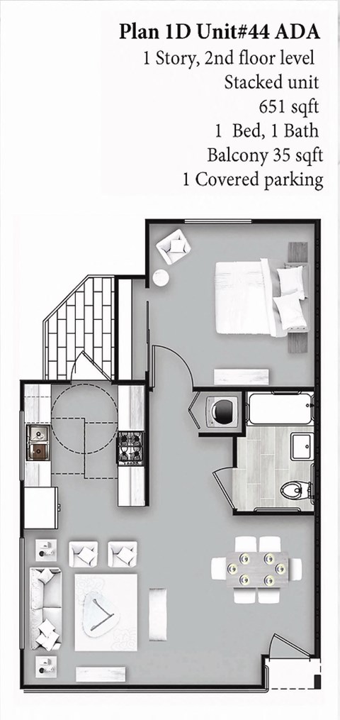 Floor plan for 1 bed, 1 bath, 652 sqft