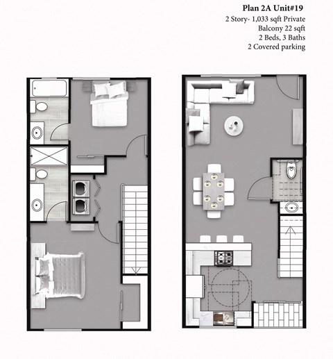 Floor plan for 2 beds, 2.5 baths, 1049 sqft