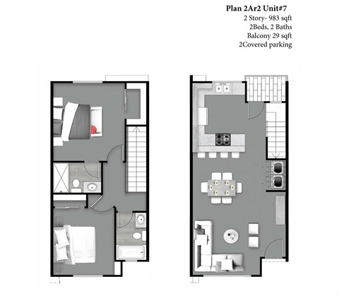 Floor plan for 2 beds, 2 baths, 1153 sqft