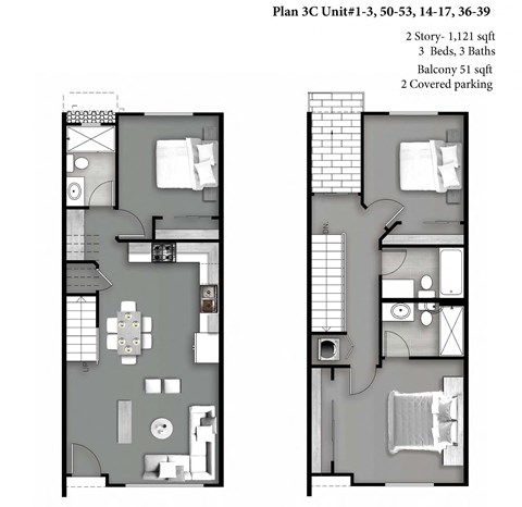 Floor plan for 3 beds, 3 baths, 1153 sqft