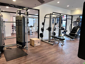 Plano house for rent - a gym with weights and other equipment on a wooden floor