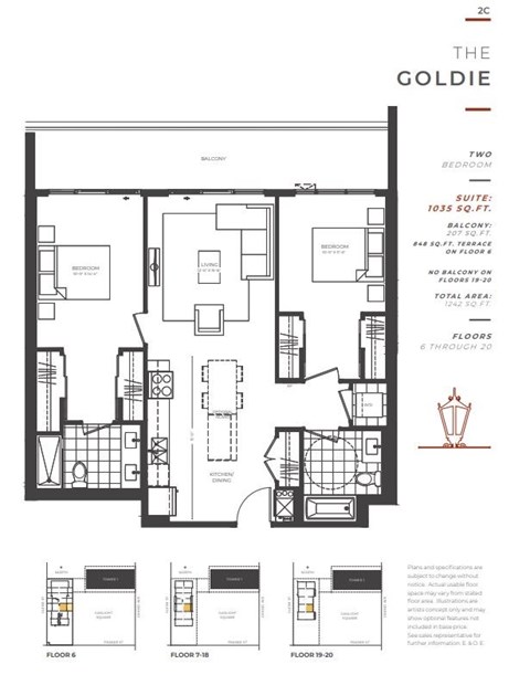 Floor plan for 2 beds, 2 baths, 1035 sqft