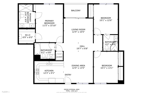 Floor plan for 3 beds, 3 baths, 1292 sqft