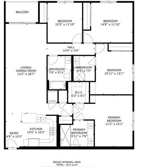 Floor plan for 4 beds, 3 baths, 1570 sqft