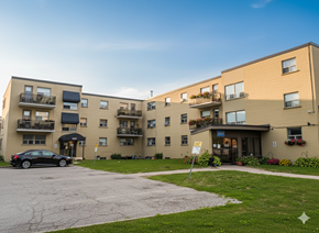 Mississauga apartment for rent - A black car is parked in front of a building with a yellow sign.