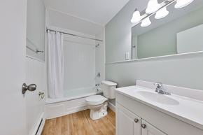 Mississauga apartment for rent - A white bathroom with a toilet, sink, and shower.