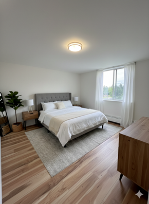 Mississauga apartment for rent - A bedroom with a large bed and a wooden floor.