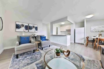 Mississauga apartment for rent - A living room with a grey couch and a blue rug.