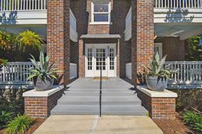 Tampa apartment for rent - the front entrance of a building with stairs and a white door