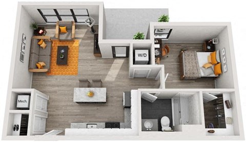 Floor plan for 1 bed, 1 bath, 686 sqft