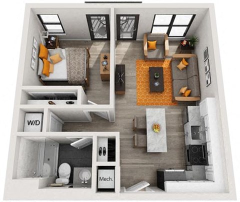 Floor plan for 1 bed, 1 bath, 647 sqft