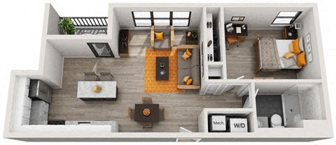 Floor plan for 1 bed, 1 bath, 624 sqft