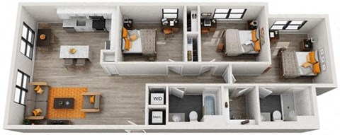 Floor plan for 3 beds, 2 baths, 1119 sqft