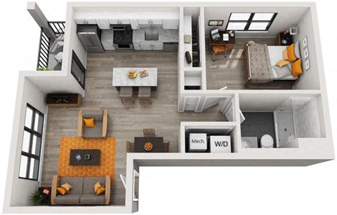 Floor plan for 1 bed, 1 bath, 665 sqft