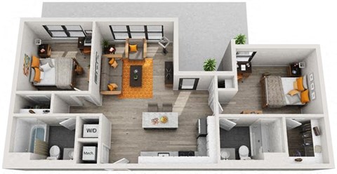 Floor plan for 2 beds, 2 baths, 868 sqft