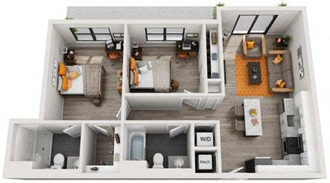 Floor plan for 2 beds, 2 baths, 908 sqft