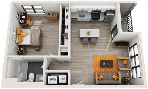 Floor plan for 1 bed, 1 bath, 712 sqft
