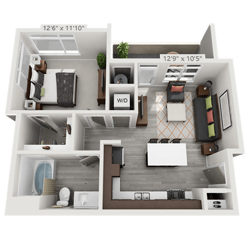 Floor plan for 1 bed, 1 bath, 642 sqft