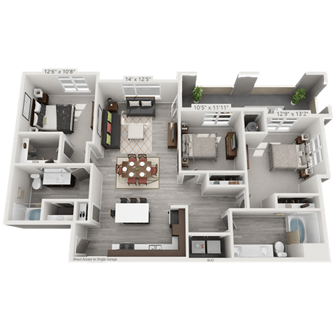 Floor plan for 3 beds, 2 baths, 1364 sqft