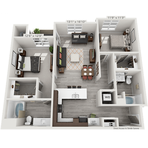 Floor plan for 2 beds, 2 baths, 1196 sqft