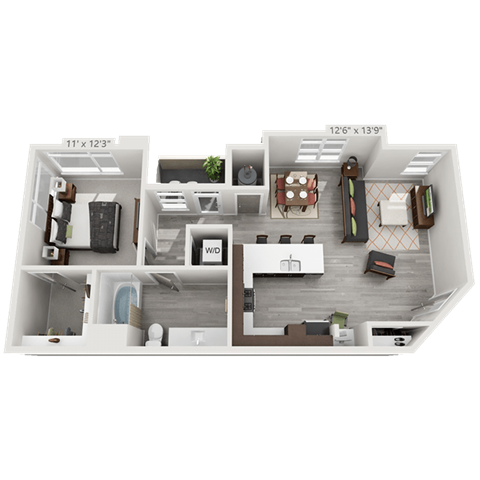 Floor plan for 1 bed, 1 bath, 853 sqft