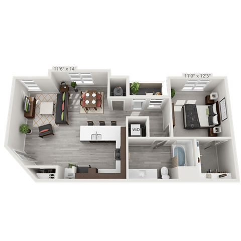 Floor plan for 1 bed, 1 bath, 868 sqft