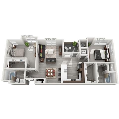 Floor plan for 2 beds, 2 baths, 1115 sqft