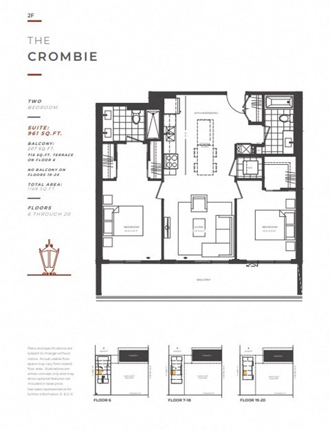 Floor plan for 2 beds, 2 baths, 961 sqft