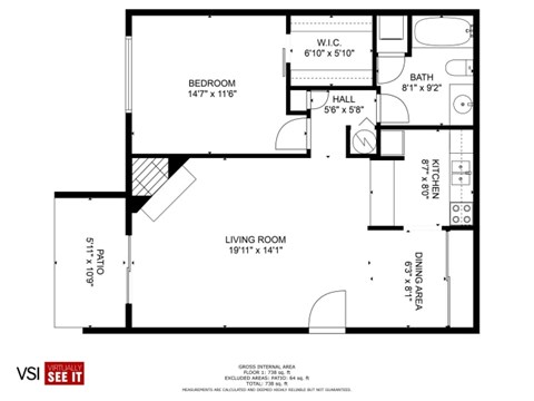 Floor plan for 1 bed, 1 bath, 825 sqft