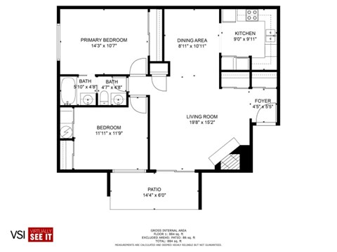 Floor plan for 2 beds, 1 bath, 1055 sqft